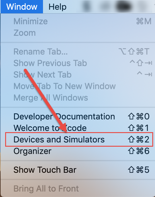 The «Window» tab – «Devices and Simulators»