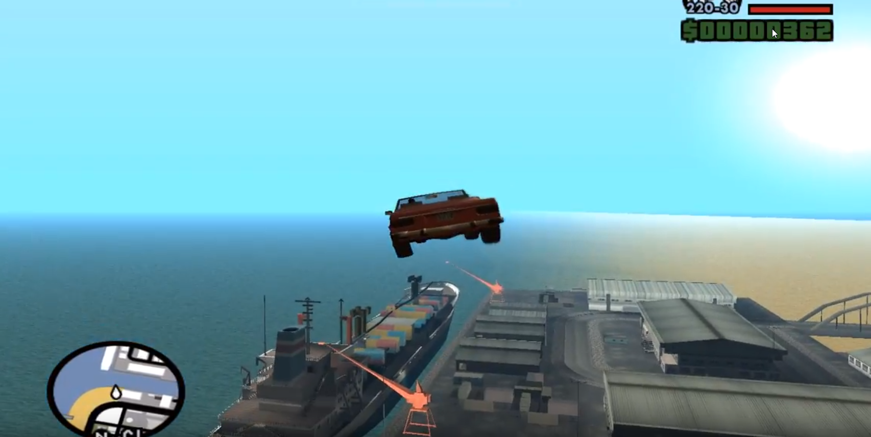 The result of using the flying car cheat code in GTA San Andreas