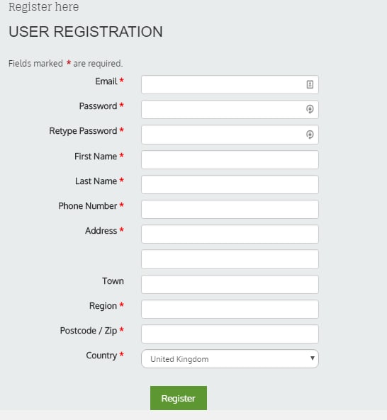Required fields on the registration form