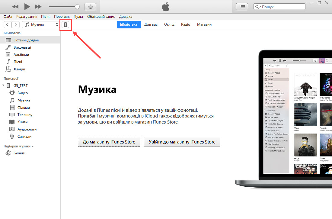The iOS device in iTunes