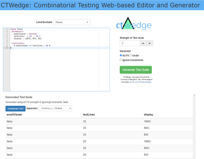 CTWedge: Combinatorial Testing Web-based Editor and Generator